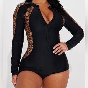 Leopard Print Long Sleeve One Piece Swimsuit